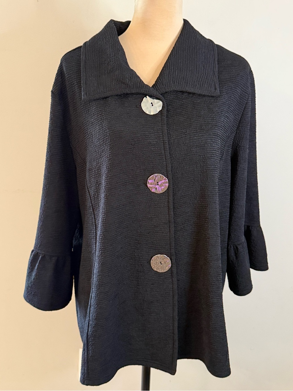 peck&peck black textured jacket boho colorful metal buttons crop wide sleeves